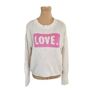 525 America White Knit Long Sleeve Sweater With Pink Love Sz M